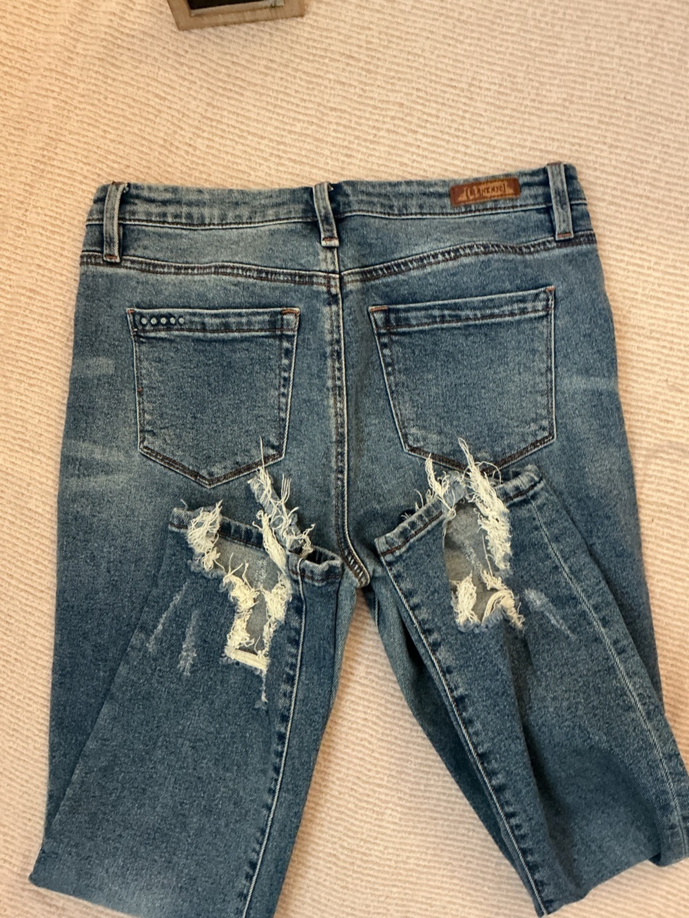 Blank NYC Straight Leg Jeans in Medium Blue with Distressed Hem - Picture 5 of 7
